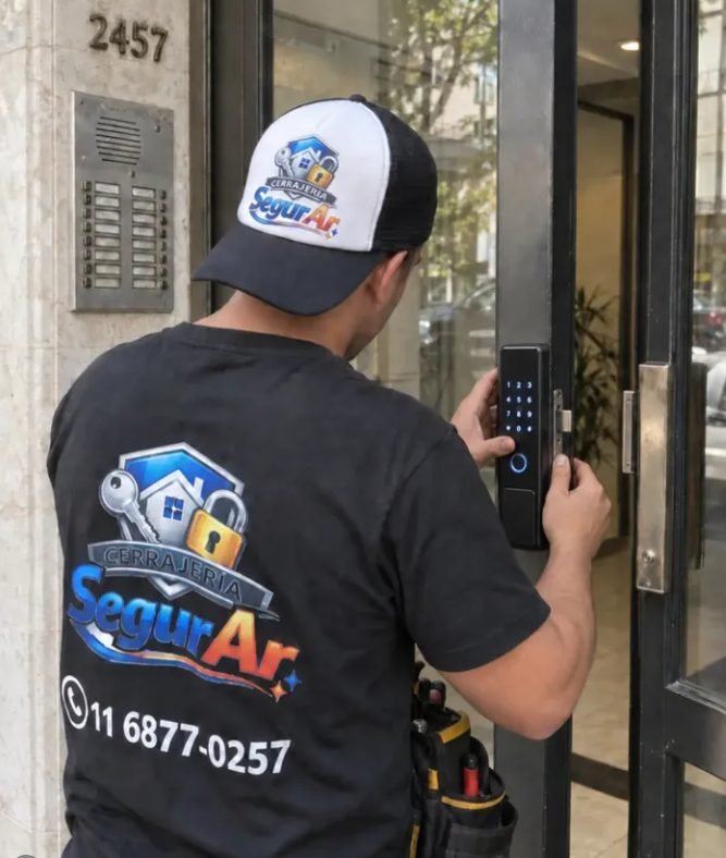 Técnico de Cerrajería SegurAr revisando un portero eléctrico